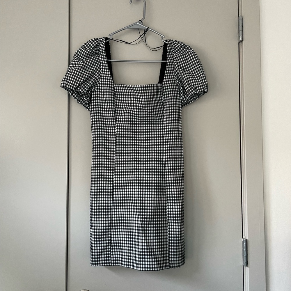 Zara Black and White Gingham Puff-Sleeve Mini Dress